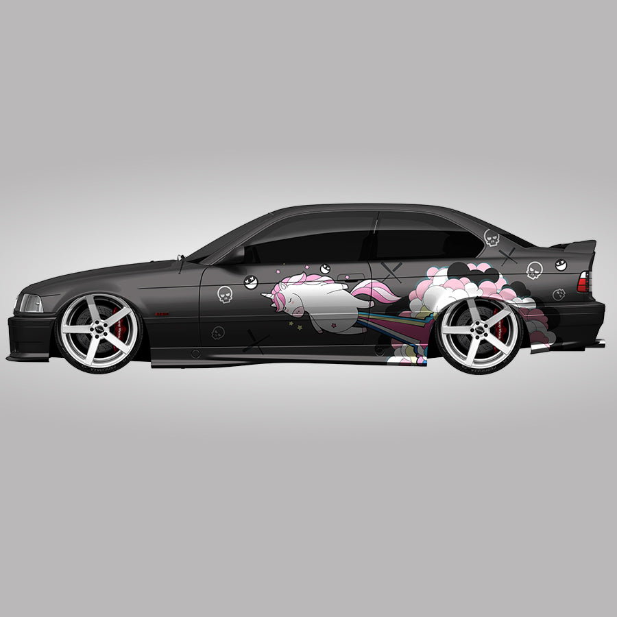 Wizualizacja zestawu UNICORN na boku BMW E36 coupe