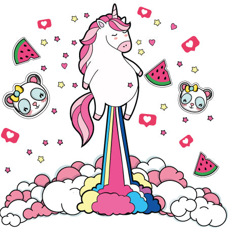 Zestaw Rainbow Unicorn — jednorożec z tęczą, chmurami, arbuzami, sercami i drobnymi elementami